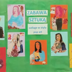 Kolaże w stylu pop-art przedstawiające postacie z psami, twarzami i elementami popkultury. Zabawa sztuką w wydaniu dziecięcym.