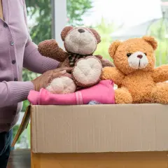 Dwa pluszowe misie i ubranka w kartonie. Idealne miejsce, gdzie można oddać pluszaki potrzebującym.