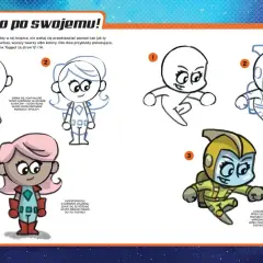 Ilustracja przedstawia trzy etapy rysowania postaci z kreskówki: szkic, dodanie detali i kolorowanie.