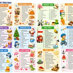 Kalendarz 2026/2027 pełen kolorowych ilustracji, idealny na dni nietypowe w przedszkolu.