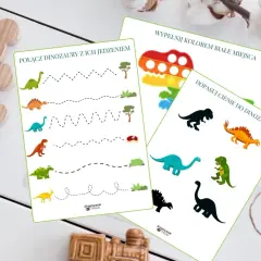 Zestaw kart edukacyjnych na dzień dinozaura: połącz dinozaury z jedzeniem, dopasuj cienie i pokoloruj.