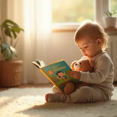 Małe dziecko z misiem czyta książkę o pokonywaniu lęków rozwojowych.