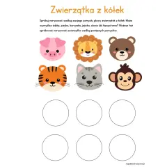 Zwierzątka z kółek: prosiak, lew, miś, tygrys, kot, małpka. Puste koła czekają na Twoje rysunki.