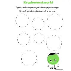 Dzień kropki pomysły: na bazie kółek narysuj zabawne stworki. Wesoła zielona kropka w czapce zachęca do zabawy.