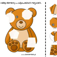 Dzień misia pomysły: wycinanka z misiem do uzupełnienia. Dzieci wycinają i dopasowują kształty, by stworzyć całą zabawkę.
