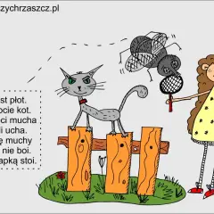 Rysunki 10 latki: kot na płocie, mucha i dziewczynka z packą. Ala nie boi się muchy, bo ma klapkę.