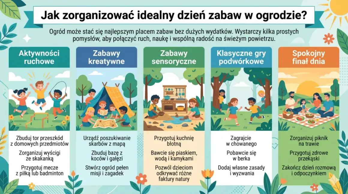 Pomysły na zabawy dla dzieci w ogrodzie: ruchowe, kreatywne, sensoryczne, gry podwórkowe i piknik na zakończenie dnia.