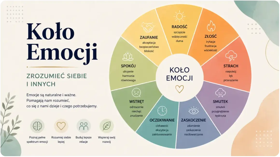 Koło Emocji: prosta definicja dla dzieci. Wykres pokazuje różne emocje, takie jak radość, złość, strach, smutek, zaskoczenie, oczekiwanie, wstręt, spokój i zaufanie.
