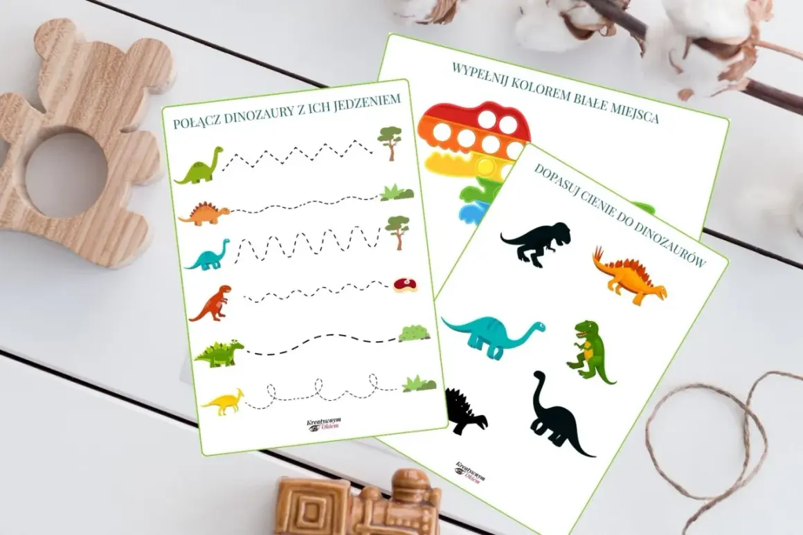 Zestaw kart edukacyjnych na dzień dinozaura: połącz dinozaury z jedzeniem, dopasuj cienie i pokoloruj.