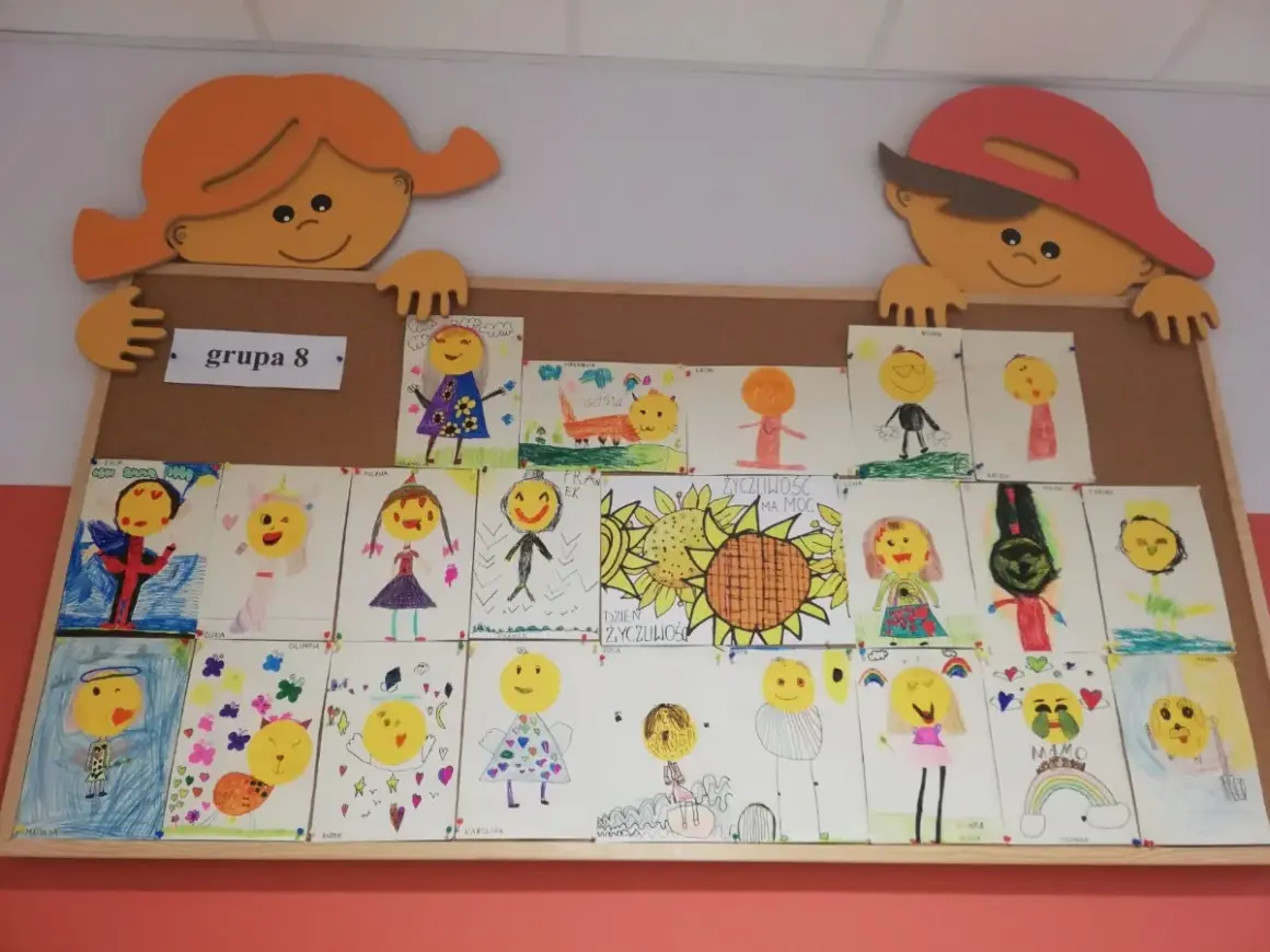 Dzieci z grupy 8 stworzyły prace plastyczne na Dzień Życzliwości. Kolorowe rysunki przedstawiają uśmiechnięte buźki, słoneczniki i postacie.