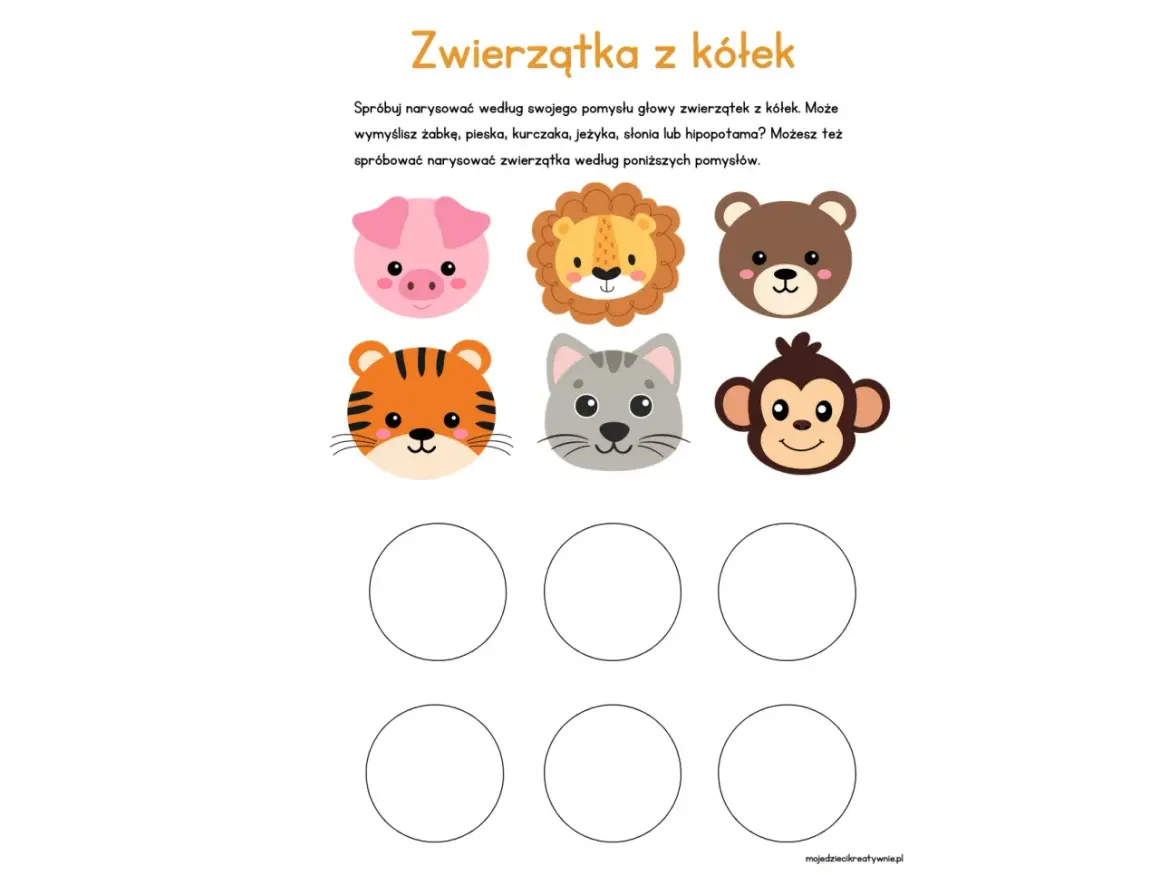 Zwierzątka z kółek: prosiak, lew, miś, tygrys, kot, małpka. Puste koła czekają na Twoje rysunki.