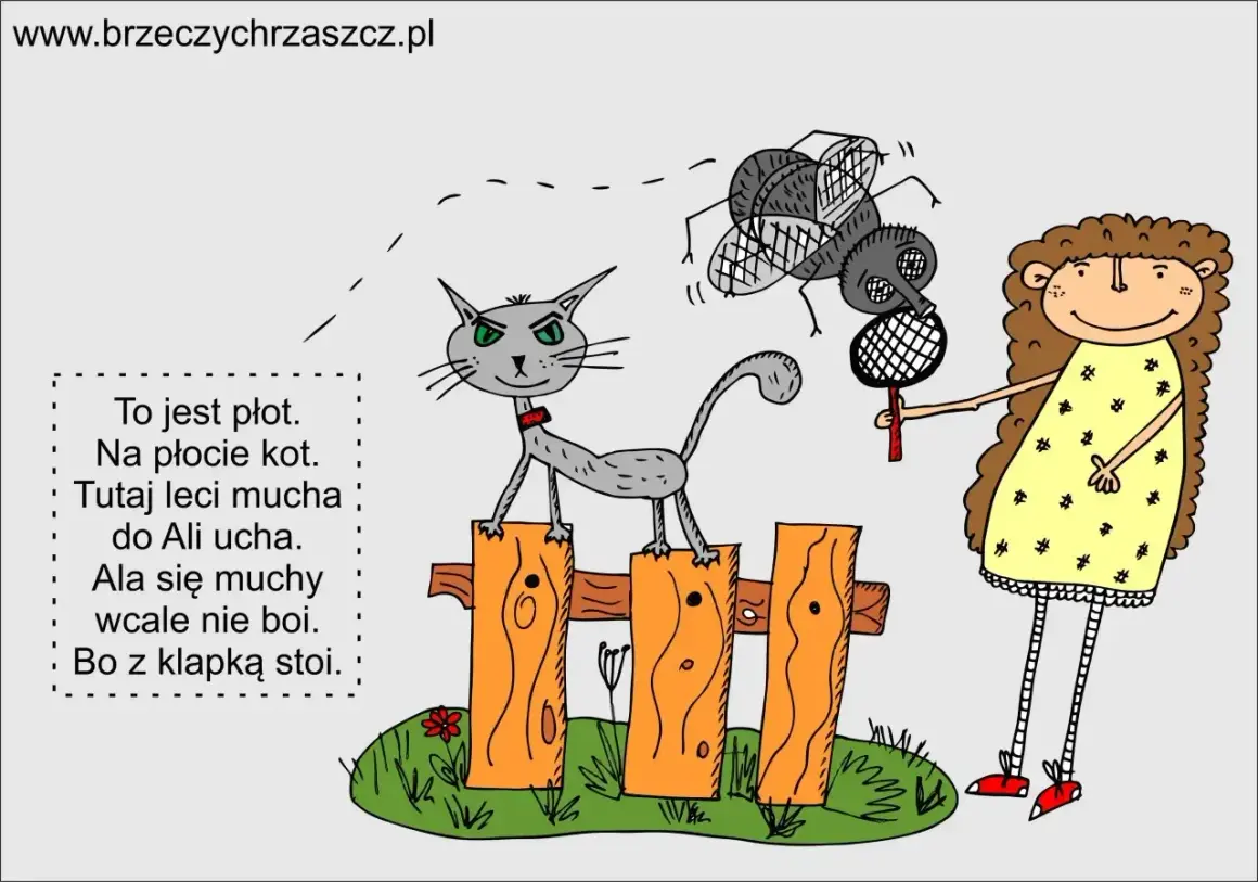 Rysunki 10 latki: kot na płocie, mucha i dziewczynka z packą. Ala nie boi się muchy, bo ma klapkę.