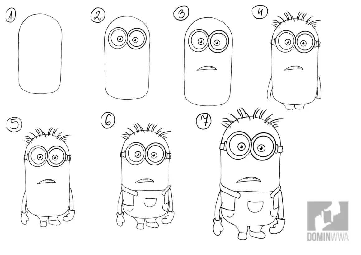Instrukcja krok po kroku, jak narysować Minionka. Pokazuje różne etapy tworzenia postaci, od prostego kształtu po gotową sylwetkę. Idealne rysunki co można narysować.
