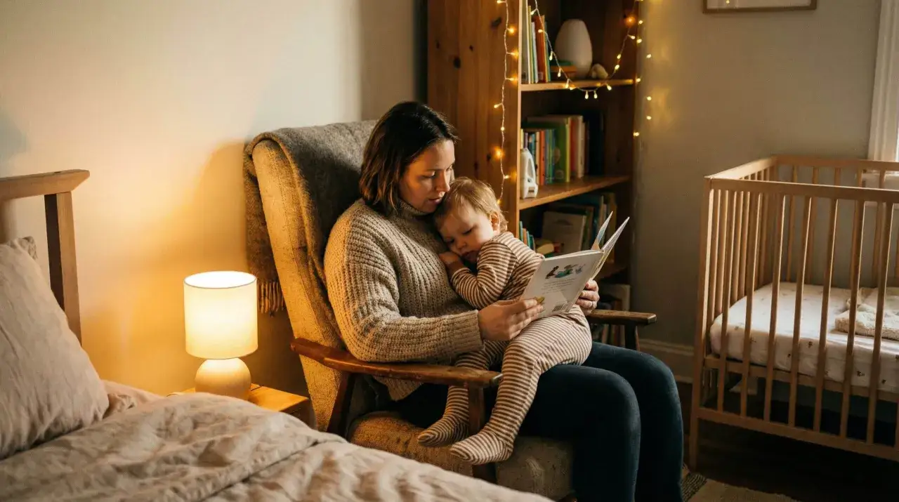 Ciepłe światło lampki i światełek na regale tworzy przytulną atmosferę. Mama czyta dziecku książki na dobranoc, które zasypia jej na rękach.