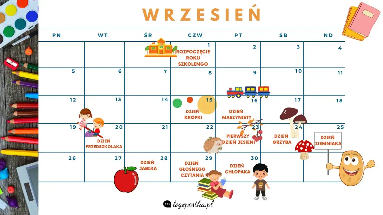 Kalendarz z ilustracjami na wrzesień: rozpoczęcie roku, dzień kropki, dzień ziemniaka i inne dni nietypowe w przedszkolu.