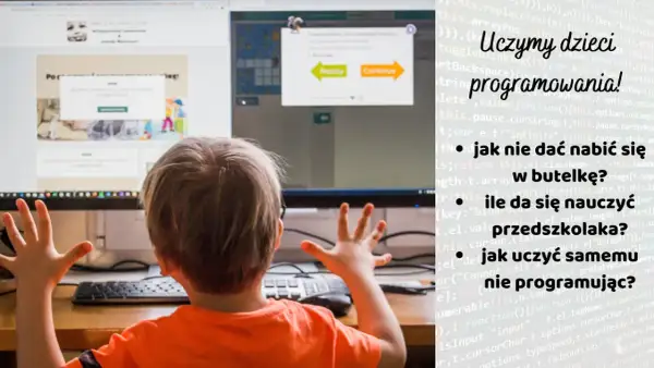 Chłopiec uczy się programowania dla dzieci. Widok zza pleców na ekran komputera z kodem i grą edukacyjną.